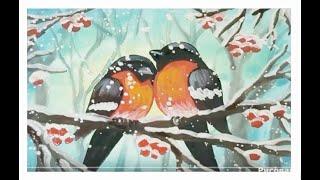 How to draw a bullfinch on a rowan branch. How to paint a winter landscape with gouache Bird to draw