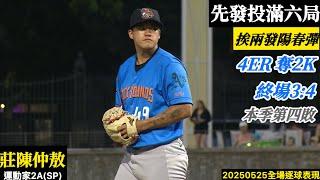 20250525莊陳仲敖(運動家2A)先發逐球｜本季第三度投滿六局！送出2K失4分,終場3:4吞下第四敗
