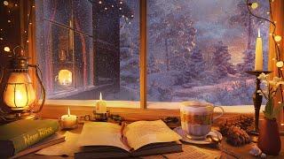 Cozy Winter Cabin with Fireplace, Snow Falling and Soothing Wind Sounds for Relaxation