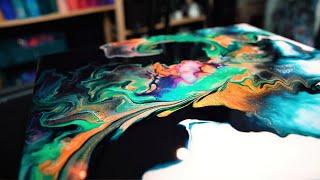 PRUSSIAN Blue + Turquoise + Gold ~ Just PAINT and WATER  ~ COLOR SPLIT Dutch Pour ` Acrylic Pouring