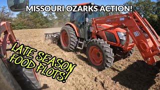 BUSTING UP Southern Missouri hard & dry FALL food plots! DUAL KIOTI TRACTOR discing action!