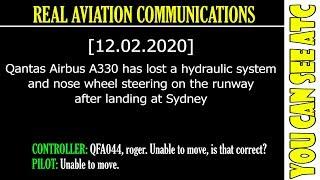 (Real ATC) A Qantas Airbus A330 has lost a hydraulic system and nose wheel steering after landing.