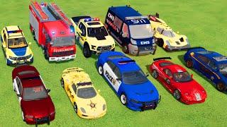 TRANSPORTING CARS, AMBULANCE, POLICE CARS, FIRE TRUCK OF COLORS! WITH TRUCKS! - FS 22