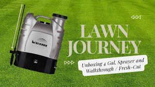 $59 4 Gallon Battery Powered Backpack Sprayer Review and Lawn Overview - Lawn Journey Vlog 2