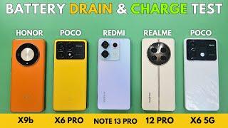 (5G) Honor X9b vs POCO X6 Pro vs Realme 12 Pro vs Note 13 Pro vs POCO X6: Battery Drain & Charge