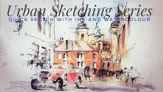 Urban Sketching Series - Quick drawing with ink and watercolour (Street scene of Prague)