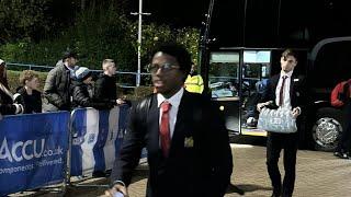 Tyrell Malacia arriving for his game with Manchester United U21s