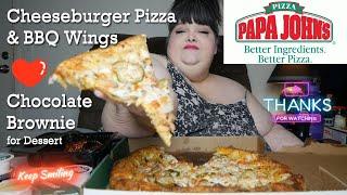 Papa John's New Cheeseburger Pizza with BBQ Wings and Double Chocolate Brownie Mukbang