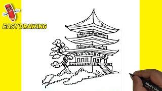 How To Draw A Pagoda Easy | Pagoda Step By Step Line Drawings Tutorials | Easy drawing idea