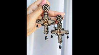 Vintage Soutache Crosses Evening earrings Black Gold Beige earrings crosses Fashion Earrings