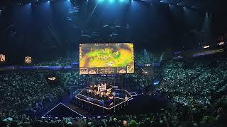 Atmosphere of team fight at bot lane of T1 vs GEN at Worlds 2024 Paris