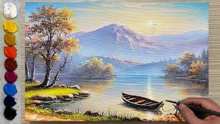 Techniques for painting a sunrise landscape - There is a boat parked on the lake / Acrylic painting.