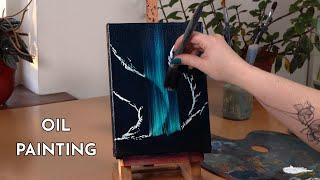 How to paint blue Northern Lights & Forest | Oil Painting Tutorial