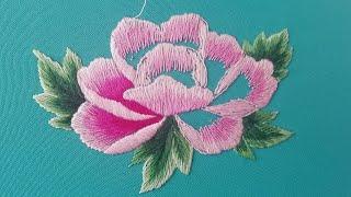 Hand embroidery : Leaf and Pink Peony | Long and short stitches (part 1)