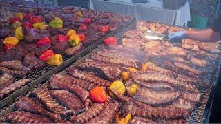 Italy Street Food. Grilling Massive Amount of Meat. Ribs, Sausages, Skewers, Burgers and more