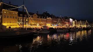 Nyhavn at night in Copenhagen, Denmark.