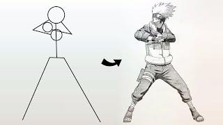 How to Draw Kakashi Full Body from Stickman || Easy Step-by-Step || Naruto Art