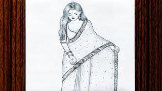 How to draw a traditional girl with beautiful saree | girl drawing easy | pencil sketch