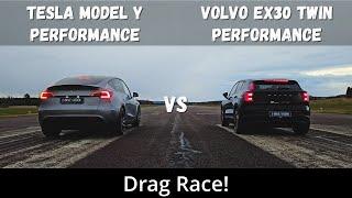 2024 Volvo EX30 Twin Motor Performance 428hp vs 2024 Tesla Model Y Performance 534hp | Drag Race |4K