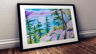 WATERCOLOR PAINTING FOR BEGINNERS | MOUNTAINS LANDSCAPE LAKE SCENERY DRAWING STEP BY STEP TUTORIAL