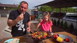 GRILLED MEAT with VEGGIES on a FRYING PAN