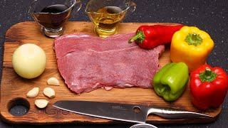 GRILLED MEAT with VEGGIES on a FRYING PAN