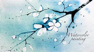 painting of spring white blossoms . watercolor painting for beginners