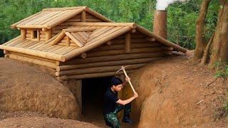 Build a Warm Wooden House Underground for Survival. Secret Bunker, Smoked Fish, Catch and Cook.