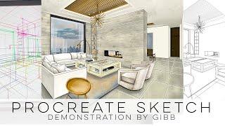 How to sketch a conceptual perspective with Procreate for interior design - time lapsed demo