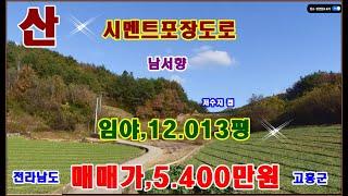 물번.574번) 임업인의 임야,12.013평 몽땅,5.400만원 준보전산지,1.970평 밑 부분에 있고 현황시멘트도로 통해서 진입 가능합니다, 시목제 작은 저수지도 물려 있습니다