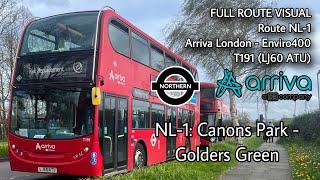 FULL ROUTE VISUAL | NL-1: Canons Park - Golders Green | Arriva ADL Enviro400 - T191 (LJ60 ATU)