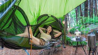 CAMPING UNDER THE RAIN SHOWER WITH A NEW HAMMOCK TENTㅣNATURE ASMRㅣNIGHT CAT