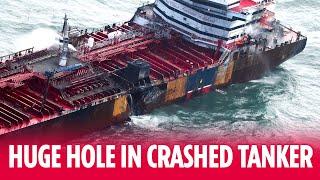 Huge hole & massive damage seen on crashed oil tanker after North Sea collision