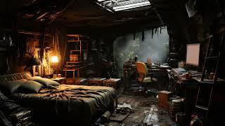 Post-Apocalyptic Outpost in the Rainy Forest Cave. Sci-Fi Ambiance for Sleep, Study, Relaxation