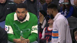 Karl-Anthony Towns changes out of Eagles shirt in Philly at halftime  | NBA on ESPN