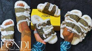 $140 FENDI?! FENDI FEEL BROWN FF SHERPA SLIDES UNBOXING REVIEW & TRY ON + SIZING | LUXURY DUPES