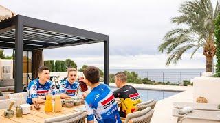 The team of Soudal Quick-Step enjoys breakfast under the pergola