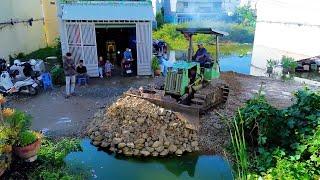 Fantastic New Project: Completed Landfill Flooded Area! Truck Unloading Stone, Dozer Pushing Stone