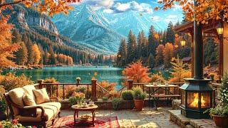 Cozy Autumn Coffee Shop Ambience by a Lake: Smooth Jazz Music &  Fireplace Sounds for Focus, Work 4K