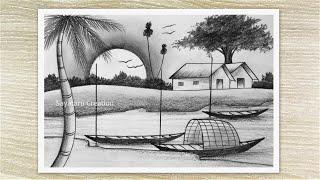 Riverside Sunrise Scenery Drawing with Pencil Sketch, Easy Pencil Drawing Tricks