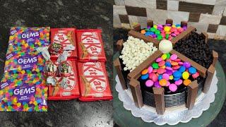 chocolate cake decorating ideas with KitKat and gems | chocolate cake decoration 