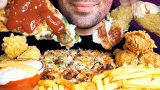 موکبانگ پیتزا گوشت و مرغ سوخاری|ASMR EATING MASHROOM MEAT PIZZA CRISPY FRIED CHICKEN & FRIES MUKBANG