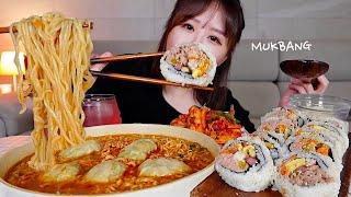 만두 팍팍 넣은 얼큰한 신라면, 참치 듬뿍 넣은 참치누드김밥, 매운 겉절이 먹방! Spicy mandu ramyun, Tuna gimbap MUKBANGㅣASMR