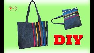 DIY COLORFUL STRIPE TOTE BAG SEWING TUTORIAL | DENIM TOTE BAG TUTORIAL