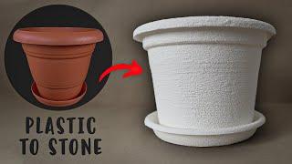 TURNING PLASTIC PLANTERS INTO TEXTURED STONE | Diy faux concrete plant pots