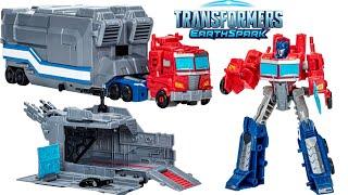 Transformers Earthspark Optimus Prime with Battle Base Trailer!