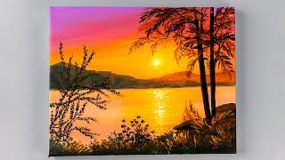 Sunset painting / Sunset lake painting / Painting Tutorial For Beginners