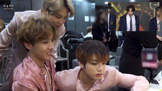 [BIGHIT FAMILY] BTS reaction to TXT BOY IN LUV cover + cute interaction backstage