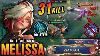 31 Kills + SAVAGE!! Melissa with New Item Sky Piercer (NEW META) - Build Top 1 Global Melissa ~ MLBB