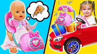 Cooking food for baby born doll & Kids playing with toys. Pretend play dolls & Feeding baby doll